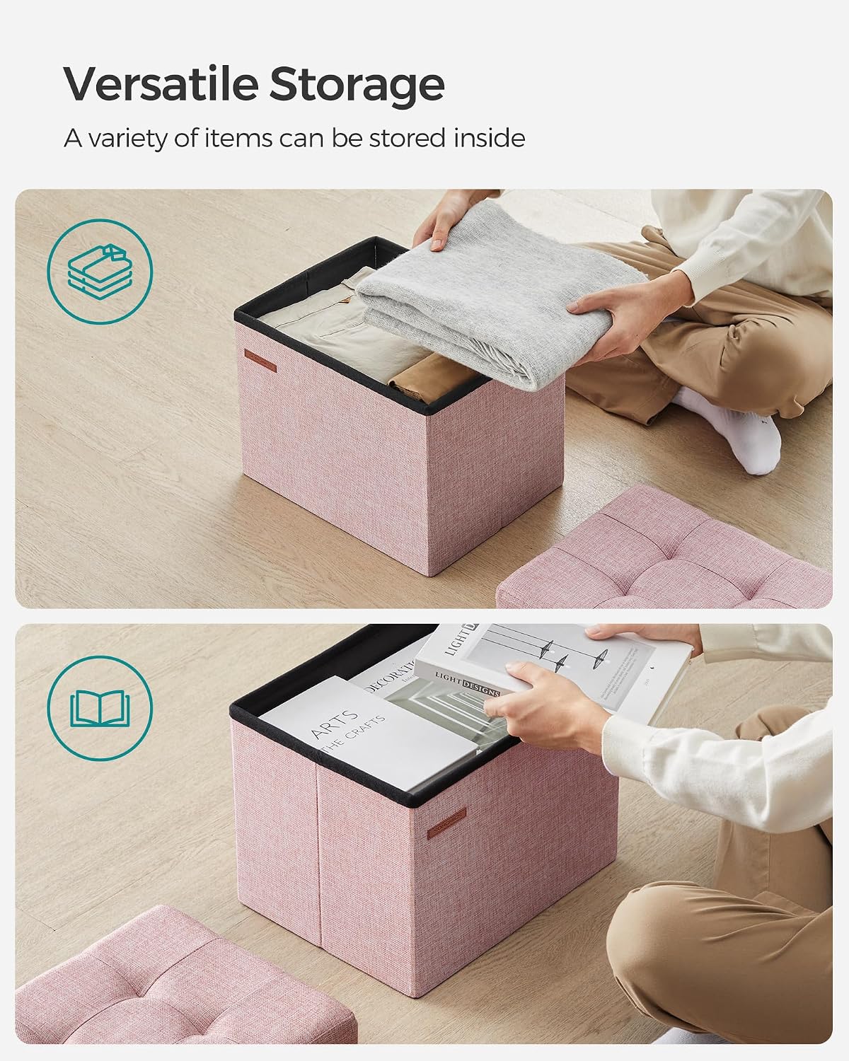 SONGMICS Small Folding Storage Ottoman, 15.7 x 12.2 x 12.2 Inches