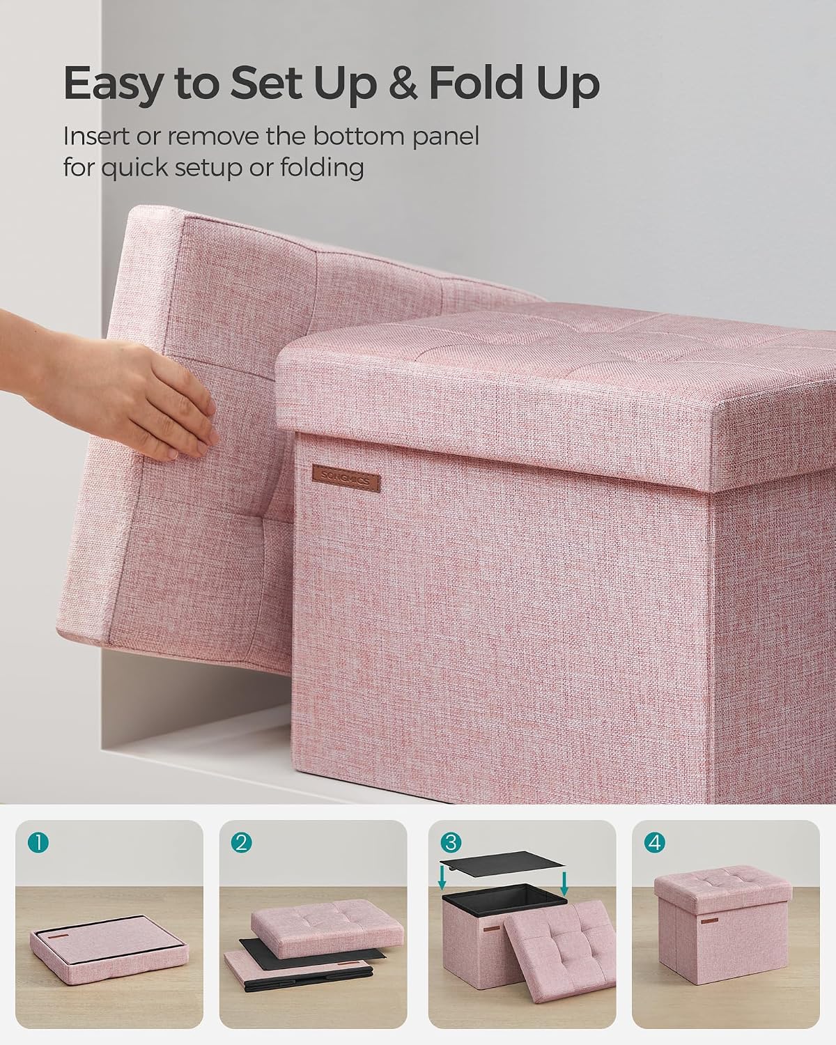 SONGMICS Small Folding Storage Ottoman, 15.7 x 12.2 x 12.2 Inches
