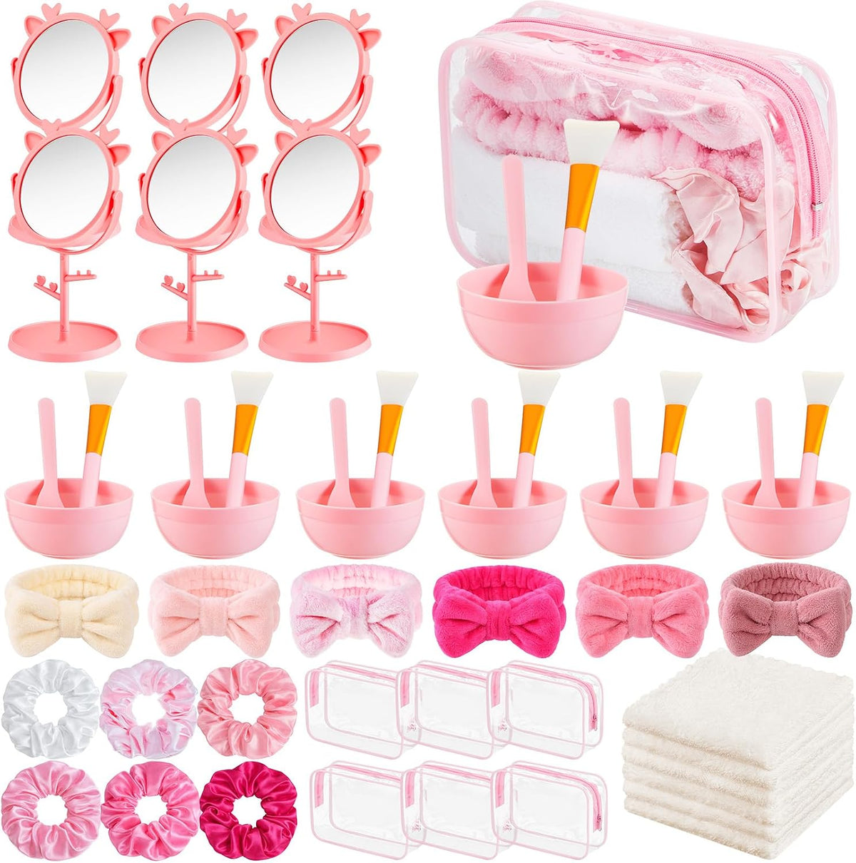 6 Set Spa Sleepover Party Supplies Bulk, Include Face Mask Mixing Bowl Set, Mirror, Headband, Scrunchies, Cosmetic Bags, Face Wash Cloths for Spa Birthday Party (Mixed Pink)