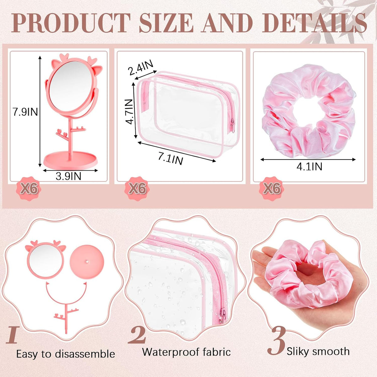6 Set Spa Sleepover Party Supplies Bulk, Include Face Mask Mixing Bowl Set, Mirror, Headband, Scrunchies, Cosmetic Bags, Face Wash Cloths for Spa Birthday Party (Mixed Pink)