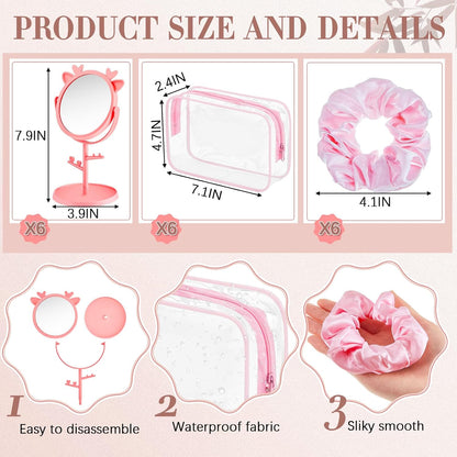 6 Set Spa Sleepover Party Supplies Bulk, Include Face Mask Mixing Bowl Set, Mirror, Headband, Scrunchies, Cosmetic Bags, Face Wash Cloths for Spa Birthday Party (Mixed Pink)