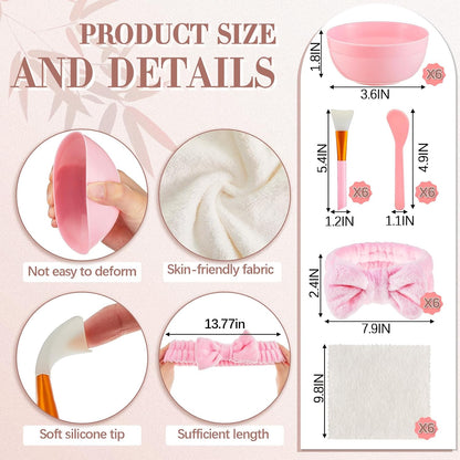6 Set Spa Sleepover Party Supplies Bulk, Include Face Mask Mixing Bowl Set, Mirror, Headband, Scrunchies, Cosmetic Bags, Face Wash Cloths for Spa Birthday Party (Mixed Pink)