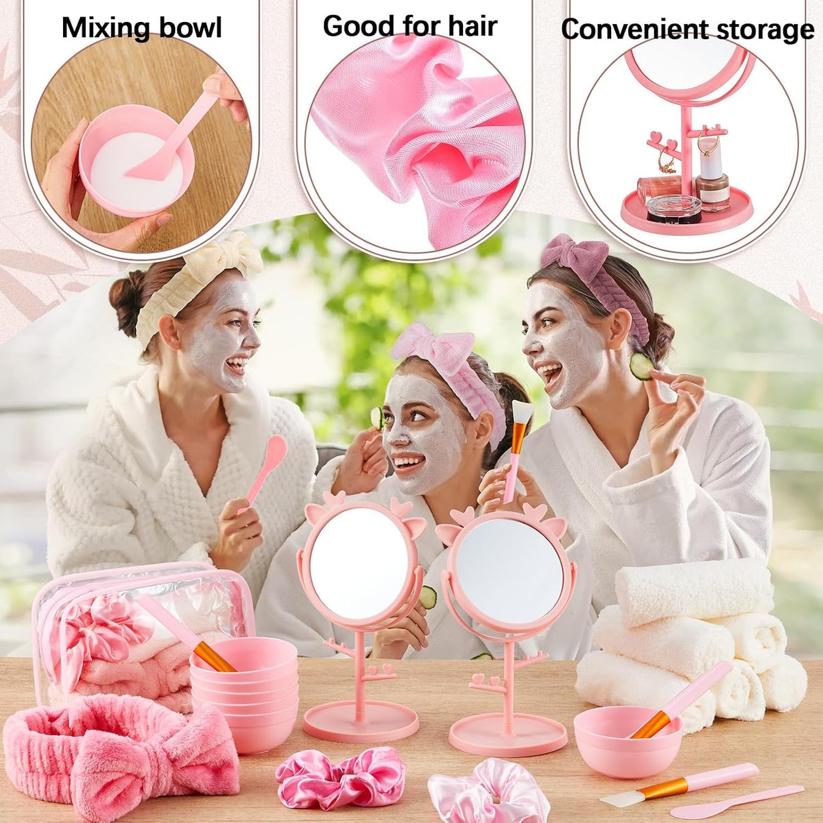 6 Set Spa Sleepover Party Supplies Bulk, Include Face Mask Mixing Bowl Set, Mirror, Headband, Scrunchies, Cosmetic Bags, Face Wash Cloths for Spa Birthday Party (Mixed Pink)