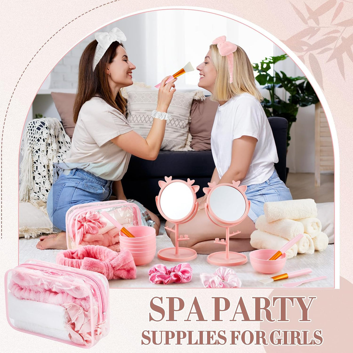 6 Set Spa Sleepover Party Supplies Bulk, Include Face Mask Mixing Bowl Set, Mirror, Headband, Scrunchies, Cosmetic Bags, Face Wash Cloths for Spa Birthday Party (Mixed Pink)