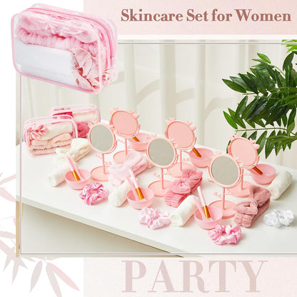 6 Set Spa Sleepover Party Supplies Bulk, Include Face Mask Mixing Bowl Set, Mirror, Headband, Scrunchies, Cosmetic Bags, Face Wash Cloths for Spa Birthday Party (Mixed Pink)