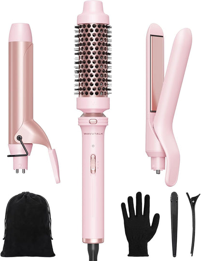 Wavytalk 3 in 1 Curling Wand Set with Heated Round Brush,Versatile Styling