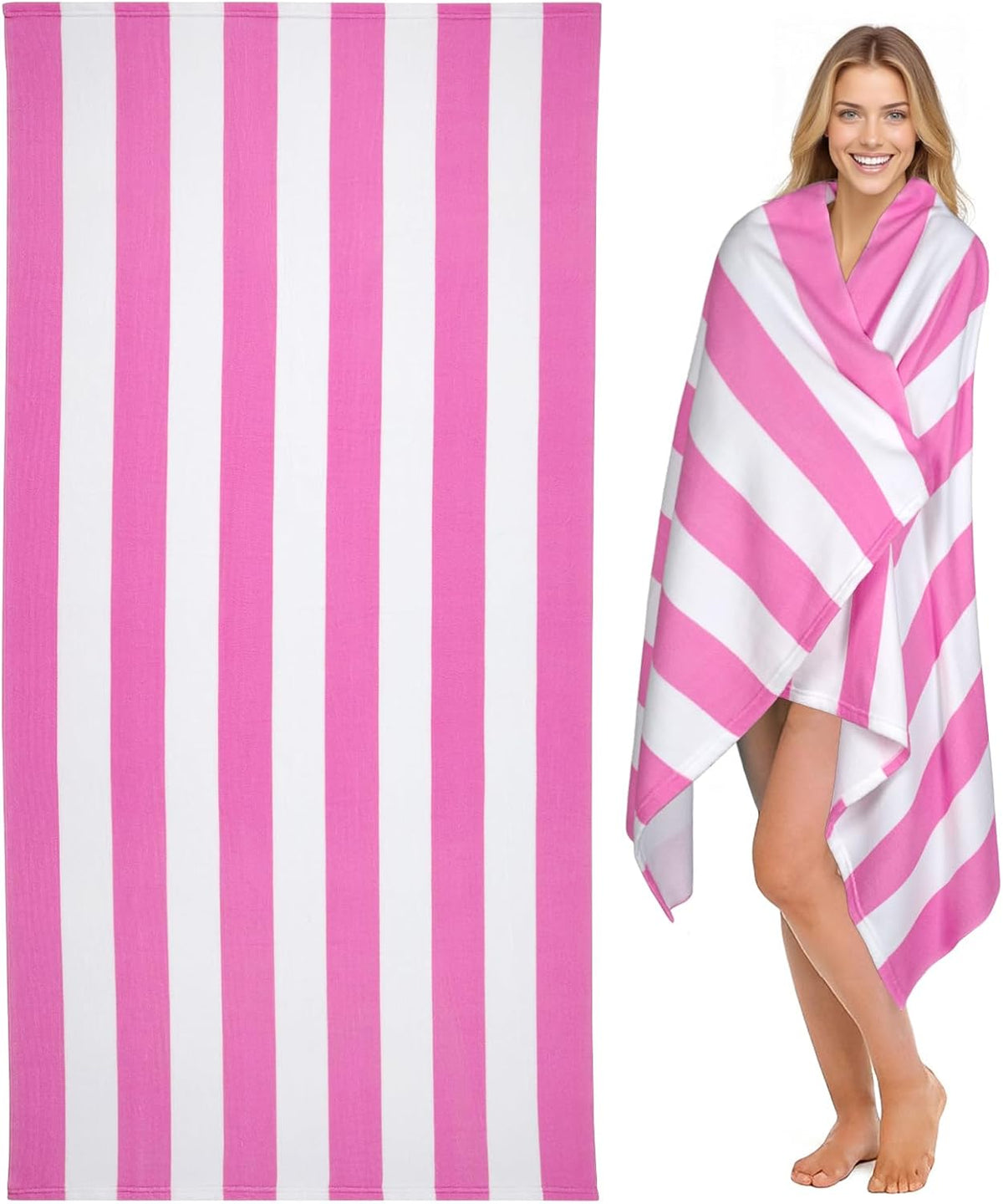 Large Oversized Beach Towel - Microfiber Sand Free 35 x 70 Inch Quick Dry Lightweight Pool Towel for Adults, Thin Striped Swim Towel (Pink White)
