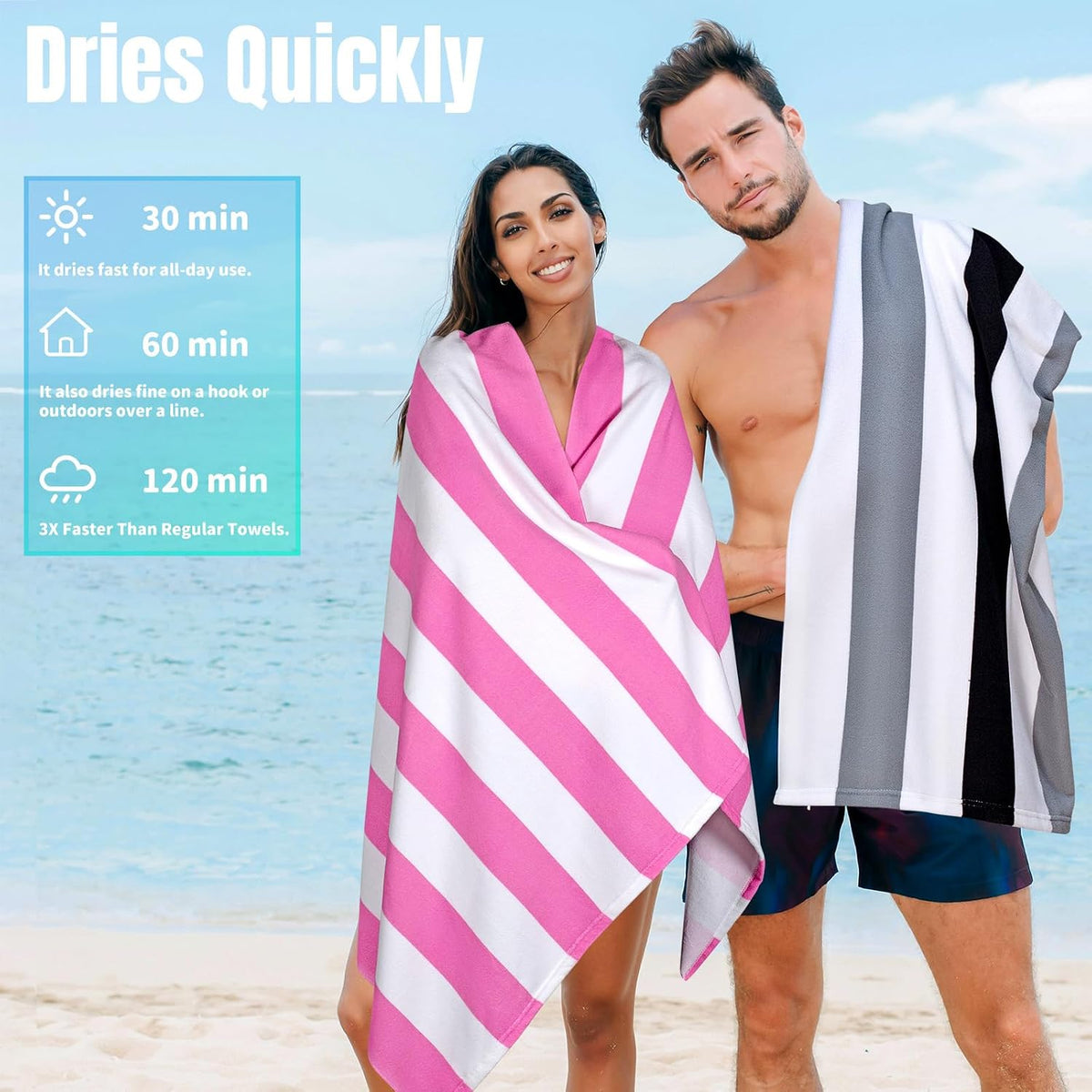 Large Oversized Beach Towel - Microfiber Sand Free 35 x 70 Inch Quick Dry Lightweight Pool Towel for Adults, Thin Striped Swim Towel (Pink White)