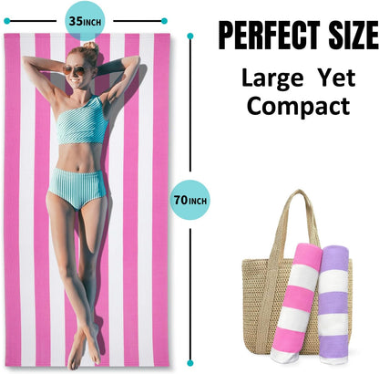 Large Oversized Beach Towel - Microfiber Sand Free 35 x 70 Inch Quick Dry Lightweight Pool Towel for Adults, Thin Striped Swim Towel (Pink White)