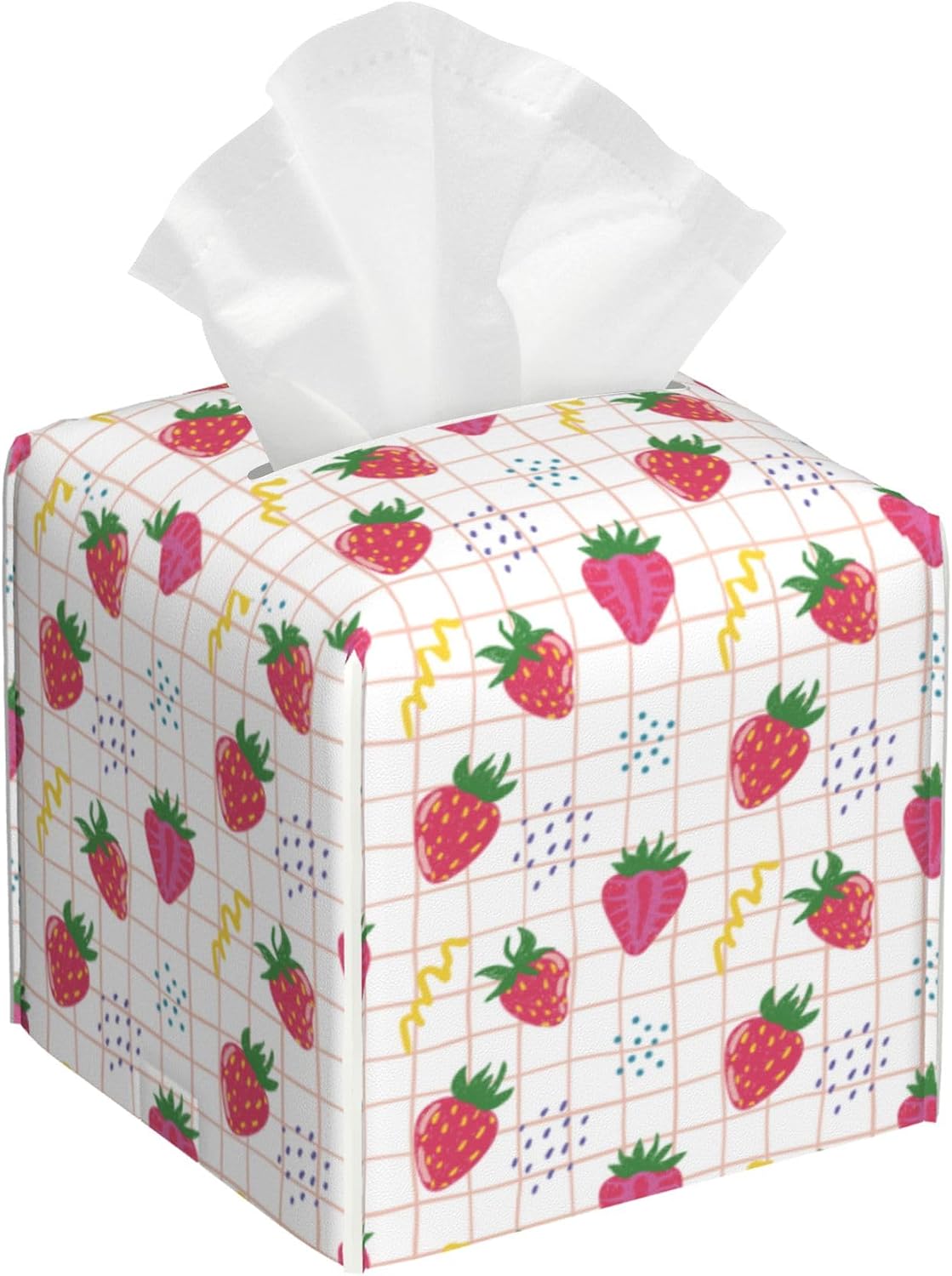 Cute Pink Strawberries Tissue Box Cover Square,Cartoon Strawberry Fruits Tissue Box Holder Waterproof Leather Facial Paper Organizer Dispenser for Bathroom Home Car Nightstand Vanity Desk
