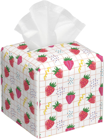 Cute Pink Strawberries Tissue Box Cover Square,Cartoon Strawberry Fruits Tissue Box Holder Waterproof Leather Facial Paper Organizer Dispenser for Bathroom Home Car Nightstand Vanity Desk