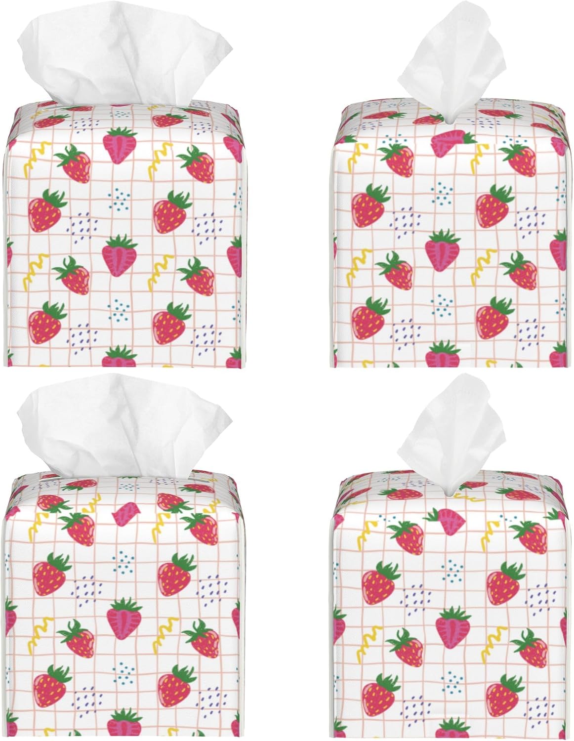 Cute Pink Strawberries Tissue Box Cover Square,Cartoon Strawberry Fruits Tissue Box Holder Waterproof Leather Facial Paper Organizer Dispenser for Bathroom Home Car Nightstand Vanity Desk