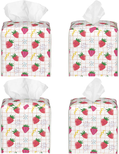 Cute Pink Strawberries Tissue Box Cover Square,Cartoon Strawberry Fruits Tissue Box Holder Waterproof Leather Facial Paper Organizer Dispenser for Bathroom Home Car Nightstand Vanity Desk
