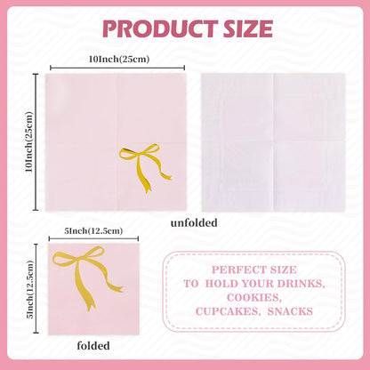 52 Pack Gold Foil Bow Cocktail Napkins - Bow Hand Napkin for Birthday Anniversary Celebratory Party Supplies Decorations Table Decor(5" Folded 3 Ply-Pink)