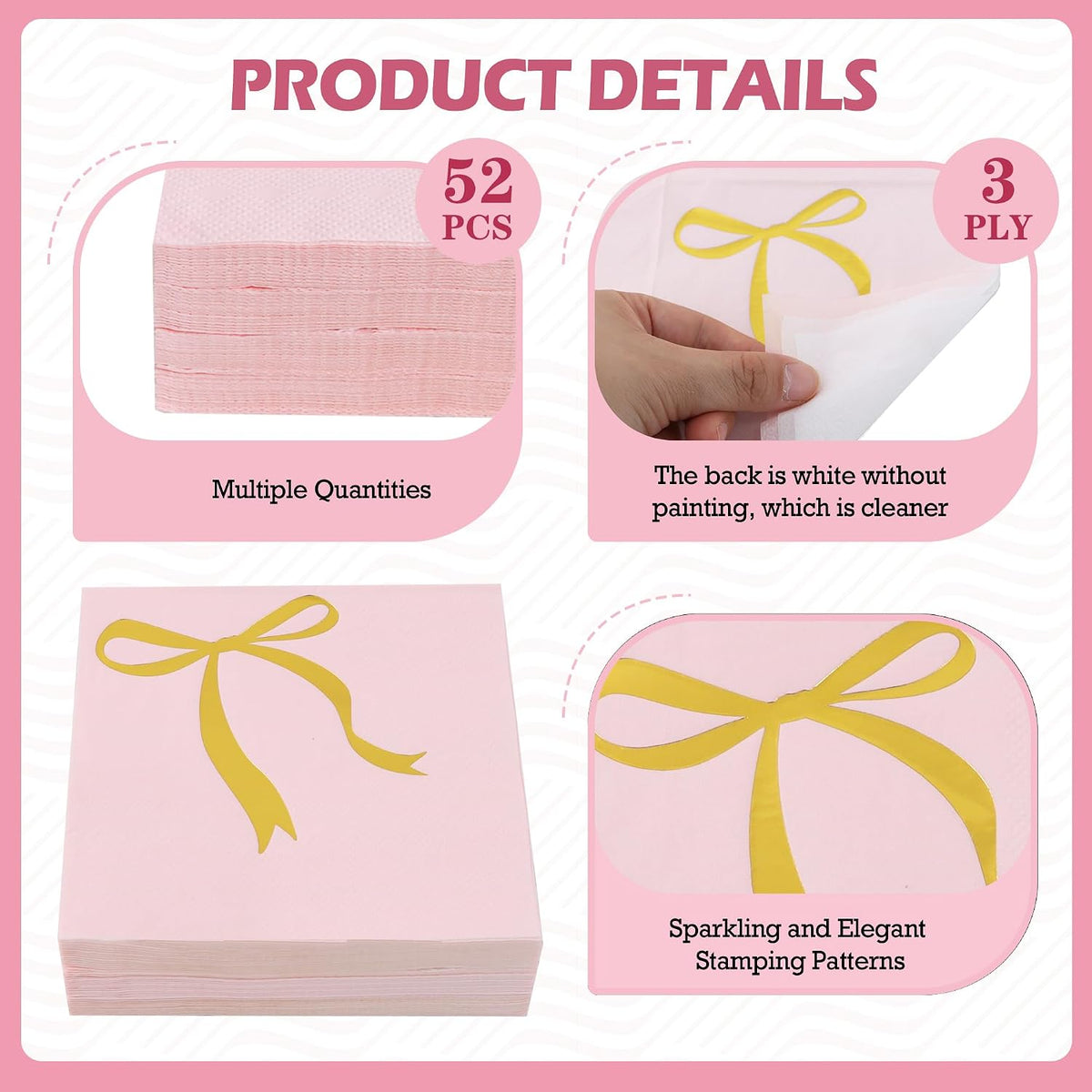 52 Pack Gold Foil Bow Cocktail Napkins - Bow Hand Napkin for Birthday Anniversary Celebratory Party Supplies Decorations Table Decor(5" Folded 3 Ply-Pink)