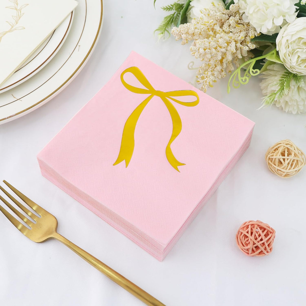 52 Pack Gold Foil Bow Cocktail Napkins - Bow Hand Napkin for Birthday Anniversary Celebratory Party Supplies Decorations Table Decor(5" Folded 3 Ply-Pink)
