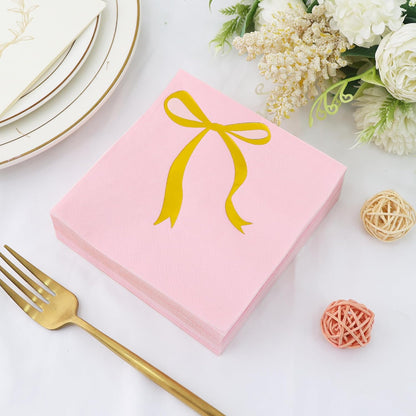 52 Pack Gold Foil Bow Cocktail Napkins - Bow Hand Napkin for Birthday Anniversary Celebratory Party Supplies Decorations Table Decor(5" Folded 3 Ply-Pink)