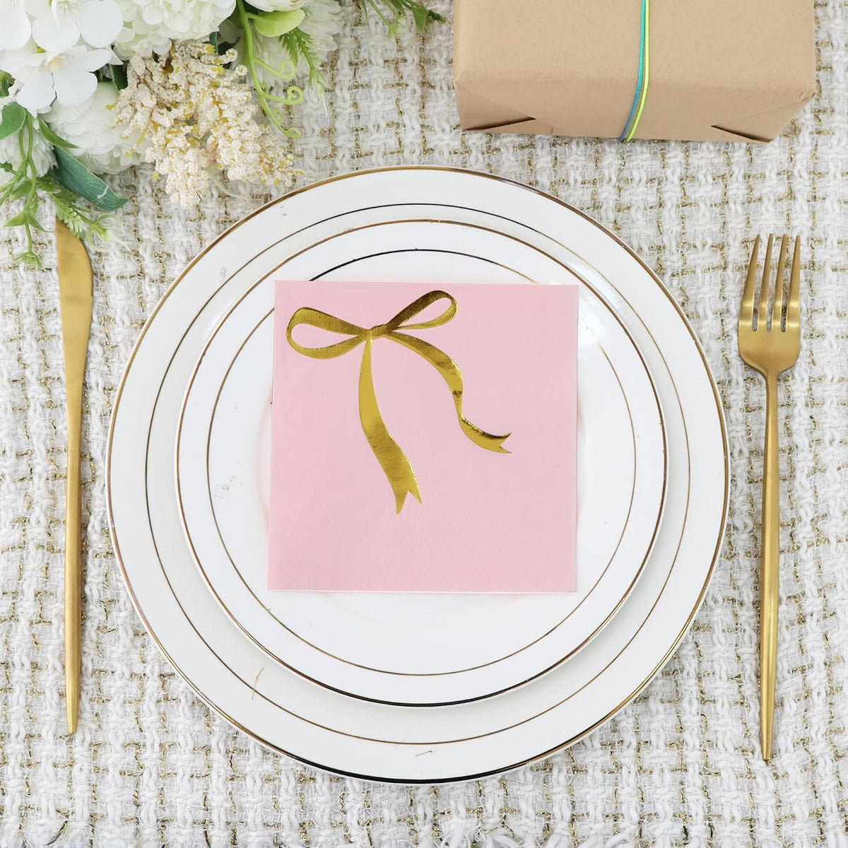 52 Pack Gold Foil Bow Cocktail Napkins - Bow Hand Napkin for Birthday Anniversary Celebratory Party Supplies Decorations Table Decor(5" Folded 3 Ply-Pink)