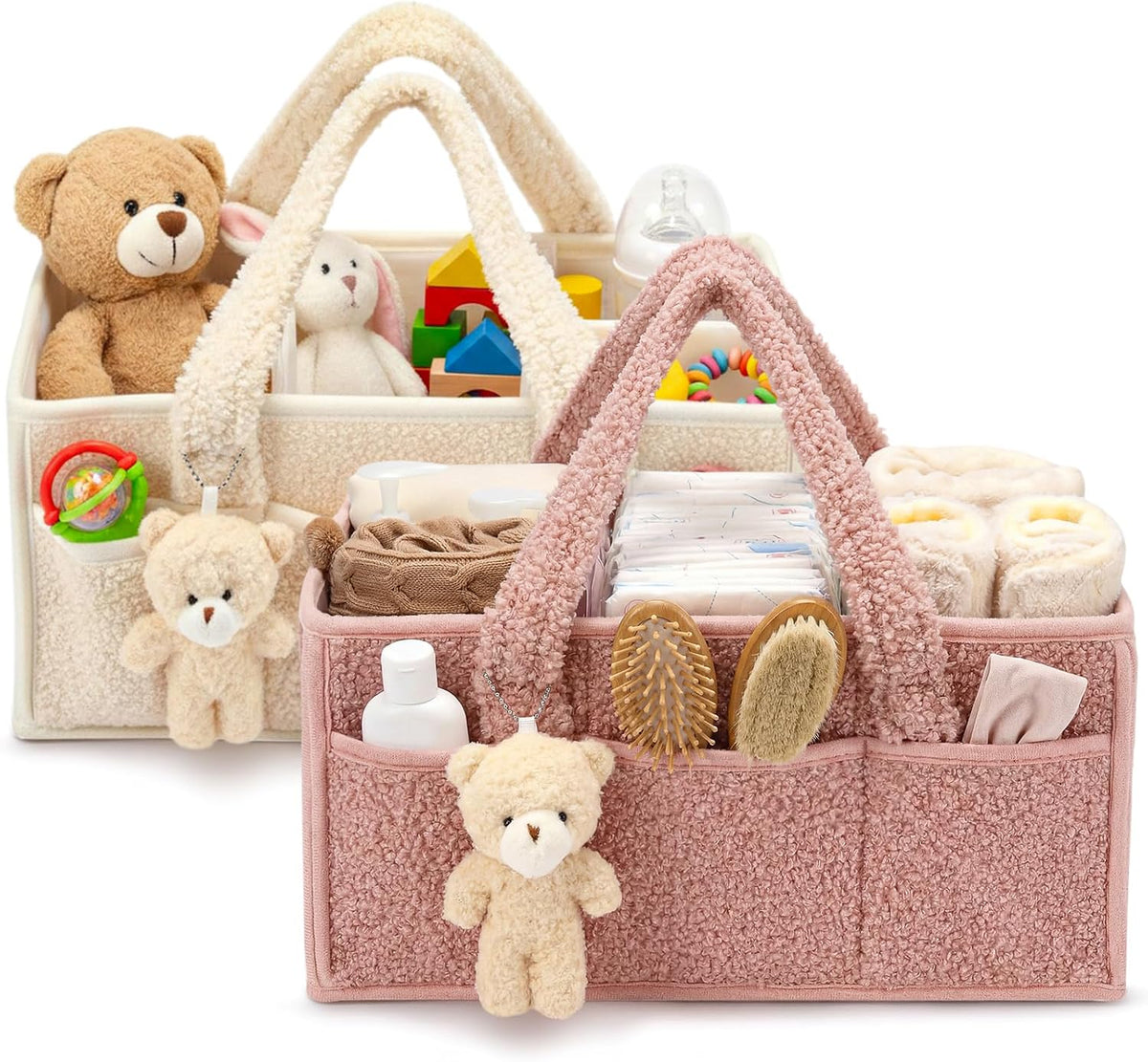 2 Pack Plush Diaper Caddy Organizer, Powder Pink and Ivory