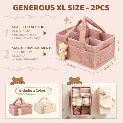 2 Pack Plush Diaper Caddy Organizer, Powder Pink and Ivory