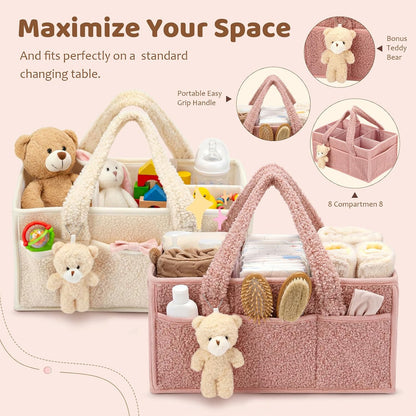 2 Pack Plush Diaper Caddy Organizer, Powder Pink and Ivory