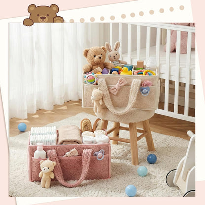 2 Pack Plush Diaper Caddy Organizer, Powder Pink and Ivory