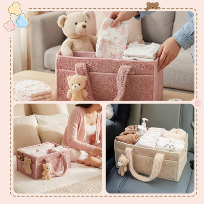 2 Pack Plush Diaper Caddy Organizer, Powder Pink and Ivory