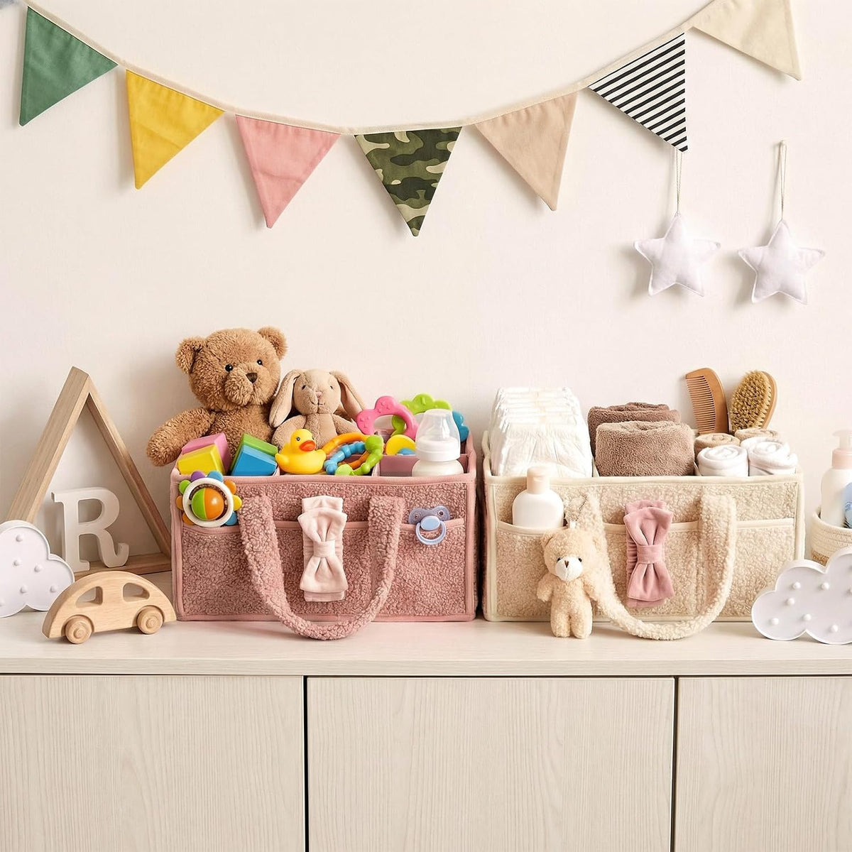 2 Pack Plush Diaper Caddy Organizer, Powder Pink and Ivory