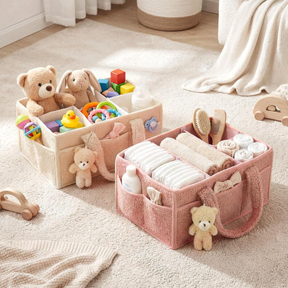 2 Pack Plush Diaper Caddy Organizer, Powder Pink and Ivory