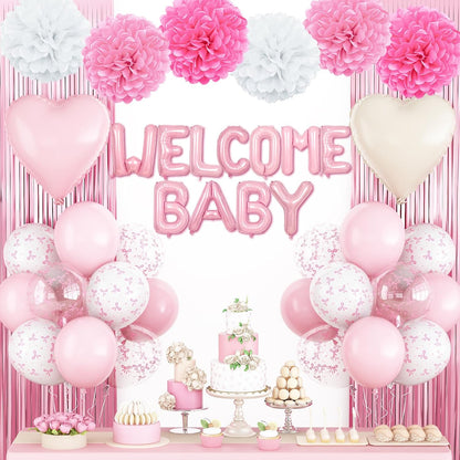 Pink Baby Shower Decorations with Welcome Baby Foil Balloon Banner