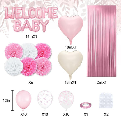 Pink Baby Shower Decorations with Welcome Baby Foil Balloon Banner