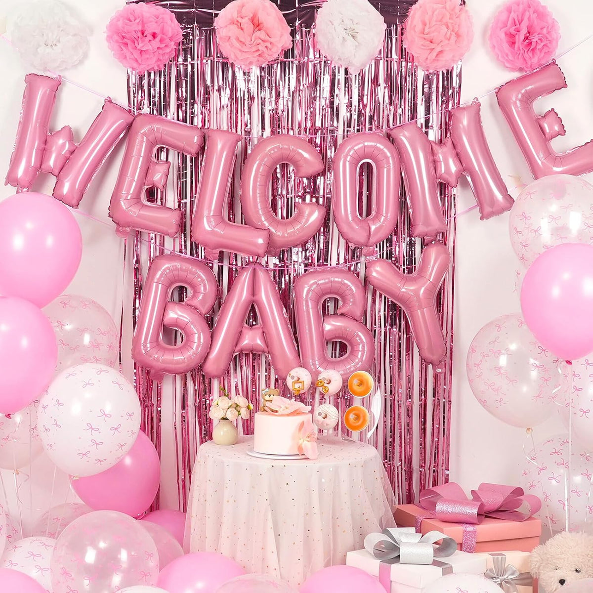 Pink Baby Shower Decorations with Welcome Baby Foil Balloon Banner