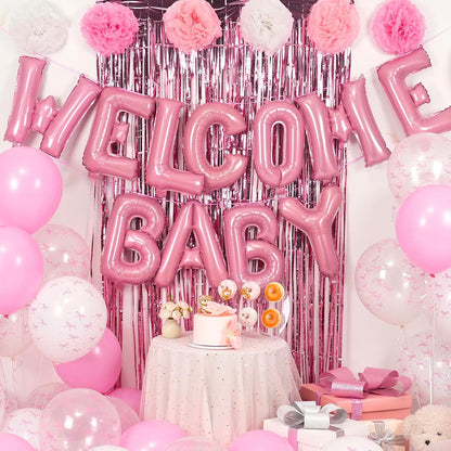 Pink Baby Shower Decorations with Welcome Baby Foil Balloon Banner