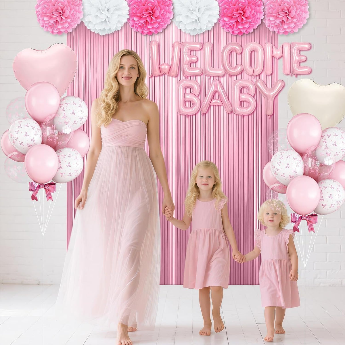Pink Baby Shower Decorations with Welcome Baby Foil Balloon Banner