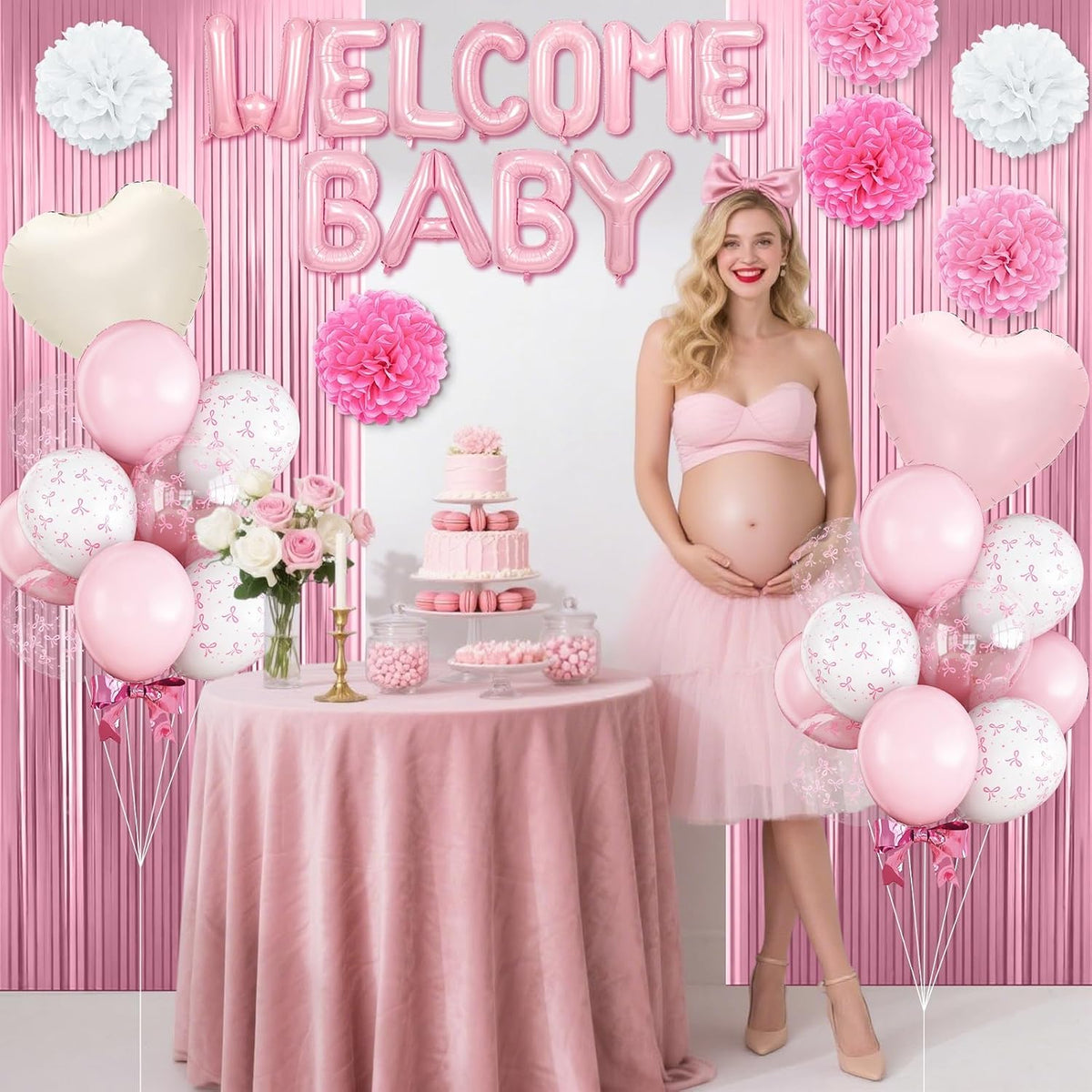 Pink Baby Shower Decorations with Welcome Baby Foil Balloon Banner