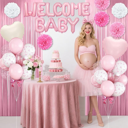 Pink Baby Shower Decorations with Welcome Baby Foil Balloon Banner