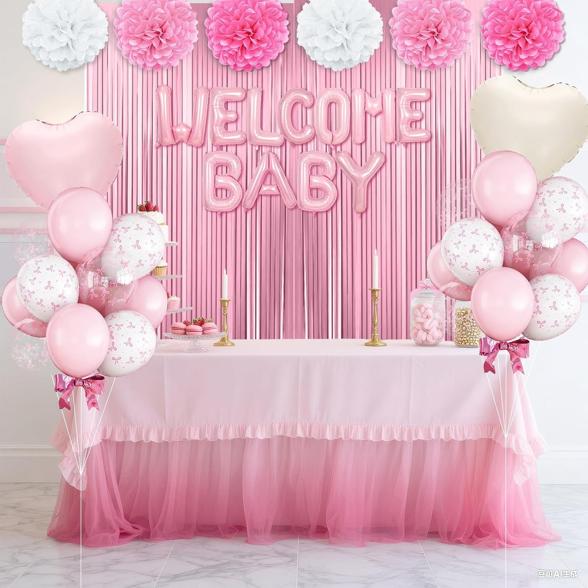 Pink Baby Shower Decorations with Welcome Baby Foil Balloon Banner