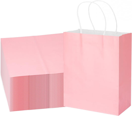 Gift Bags, 100 Pack 10.5x8.5x4.5 Inch, Paper Bags with Handles, Medium Size, Pink Gift Bag for Birthday, Wedding, Bulk, Party, Lunch, Goodie