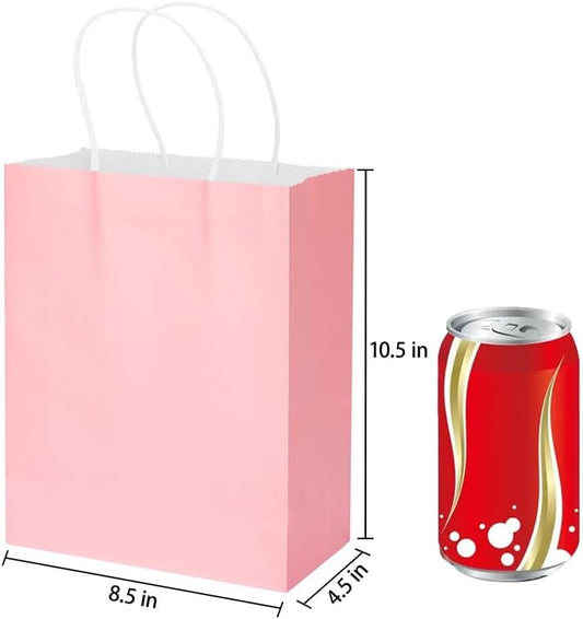 Gift Bags, 100 Pack 10.5x8.5x4.5 Inch, Paper Bags with Handles, Medium Size, Pink Gift Bag for Birthday, Wedding, Bulk, Party, Lunch, Goodie