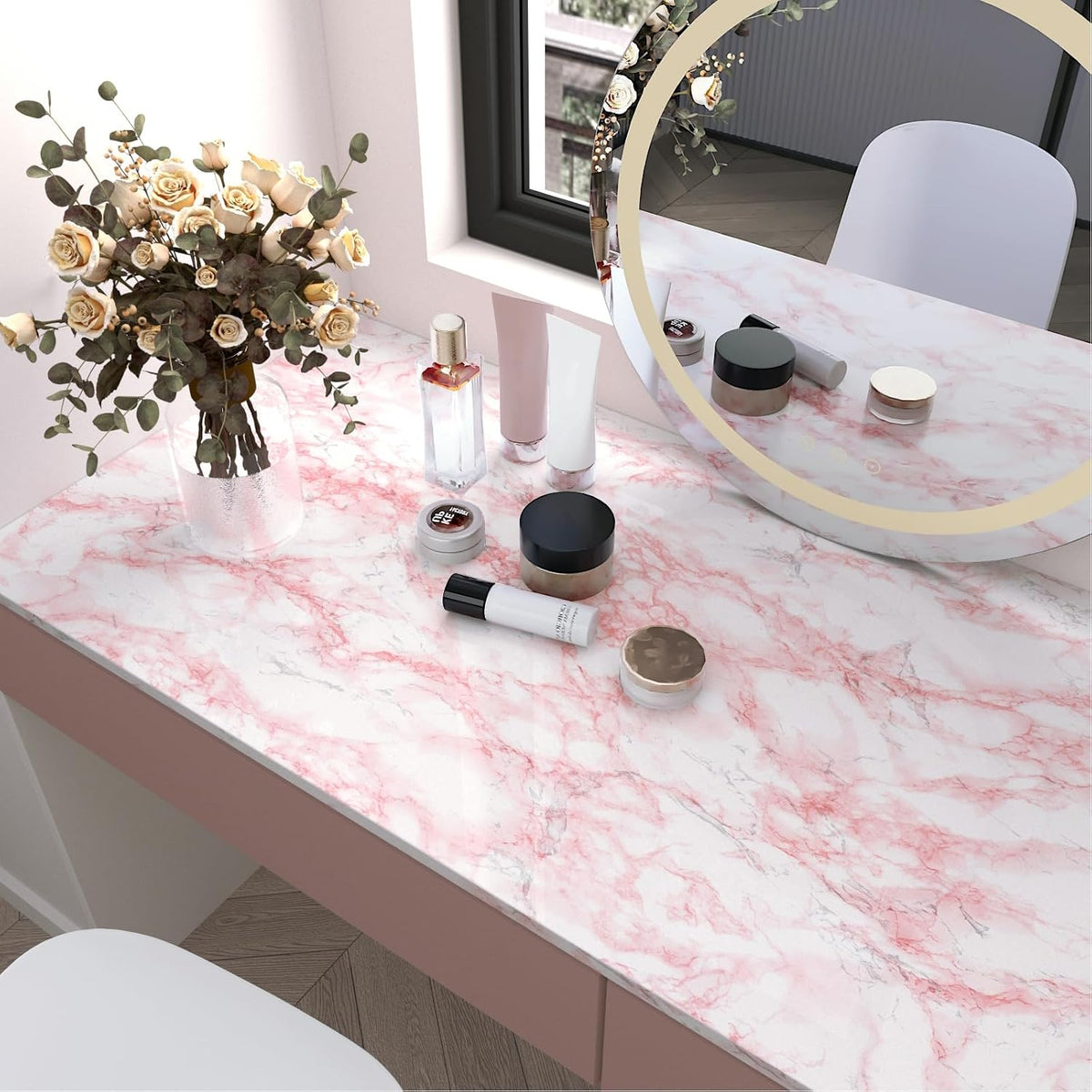 Marble Contact Paper Pink White Marble Peel and Stick Countertop Contact Paper for Countertops Waterproof White and Pink Wallpaper for Walls Bathroom Kitchen Counter Top Cabinet 15.8"x80"