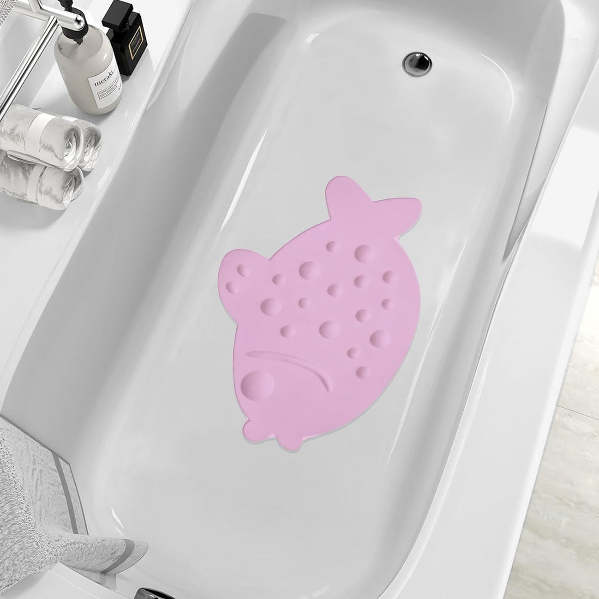 Non-Slip Bathtub Mat Soft Rubber Bathroom Bathmat with Strong Suction Cups (Pink)