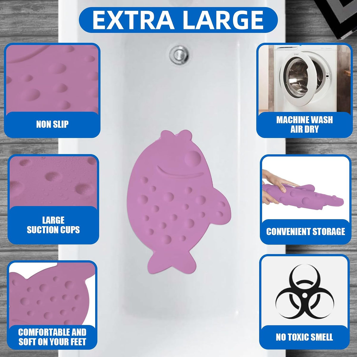Non-Slip Bathtub Mat Soft Rubber Bathroom Bathmat with Strong Suction Cups (Pink)