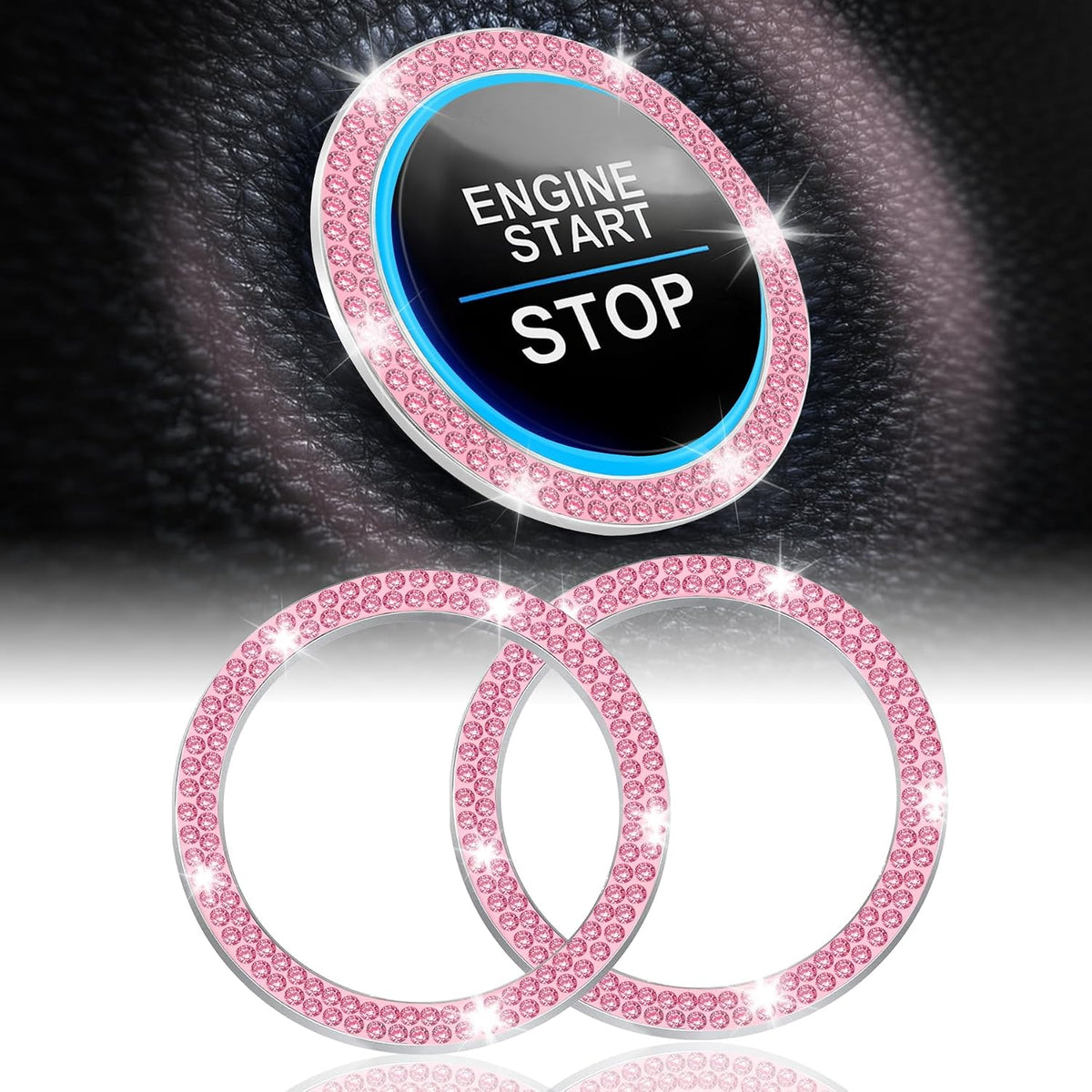 2 PCS Crystal Double Rhinestone Car Engine Start Stop Decoration Ring, Bling Car Interior Accessories for Women, Push to Start Button Cover Sticker, Automotive Decals, Pink