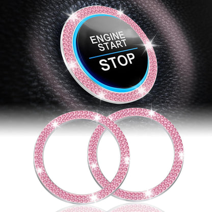 2 PCS Crystal Double Rhinestone Car Engine Start Stop Decoration Ring, Bling Car Interior Accessories for Women, Push to Start Button Cover Sticker, Automotive Decals, Pink