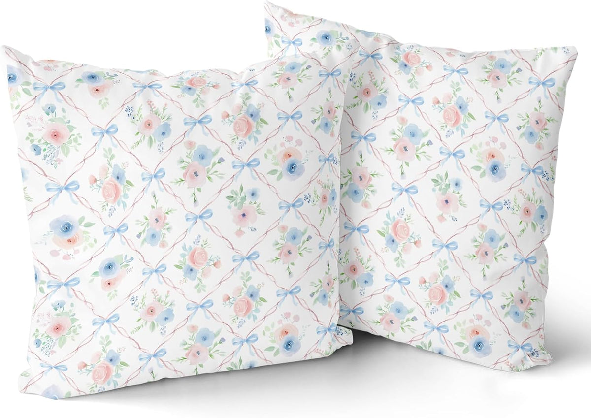Pink and Blue Floral Throw Pillow Covers 18x18 Inch Set of 2 Coquette Bow Pillow Case, Preppy Room Girly Bedroom Bow Room Decor