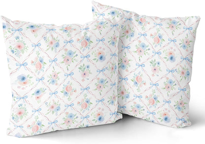 Pink and Blue Floral Throw Pillow Covers 18x18 Inch Set of 2 Coquette Bow Pillow Case, Preppy Room Girly Bedroom Bow Room Decor