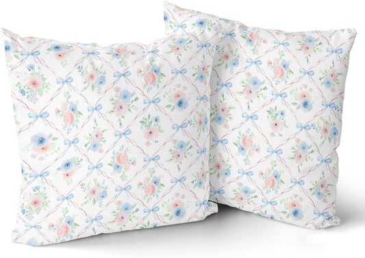 Pink and Blue Floral Throw Pillow Covers 18x18 Inch Set of 2 Coquette Bow Pillow Case, Preppy Room Girly Bedroom Bow Room Decor