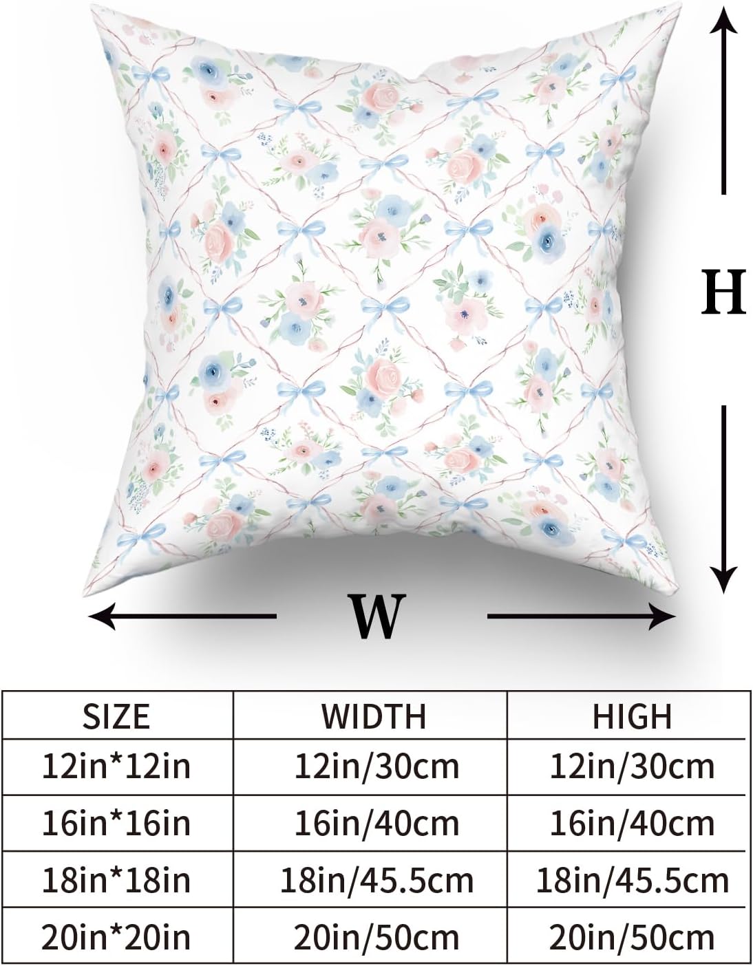 Pink and Blue Floral Throw Pillow Covers 18x18 Inch Set of 2 Coquette Bow Pillow Case, Preppy Room Girly Bedroom Bow Room Decor