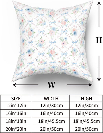 Pink and Blue Floral Throw Pillow Covers 18x18 Inch Set of 2 Coquette Bow Pillow Case, Preppy Room Girly Bedroom Bow Room Decor