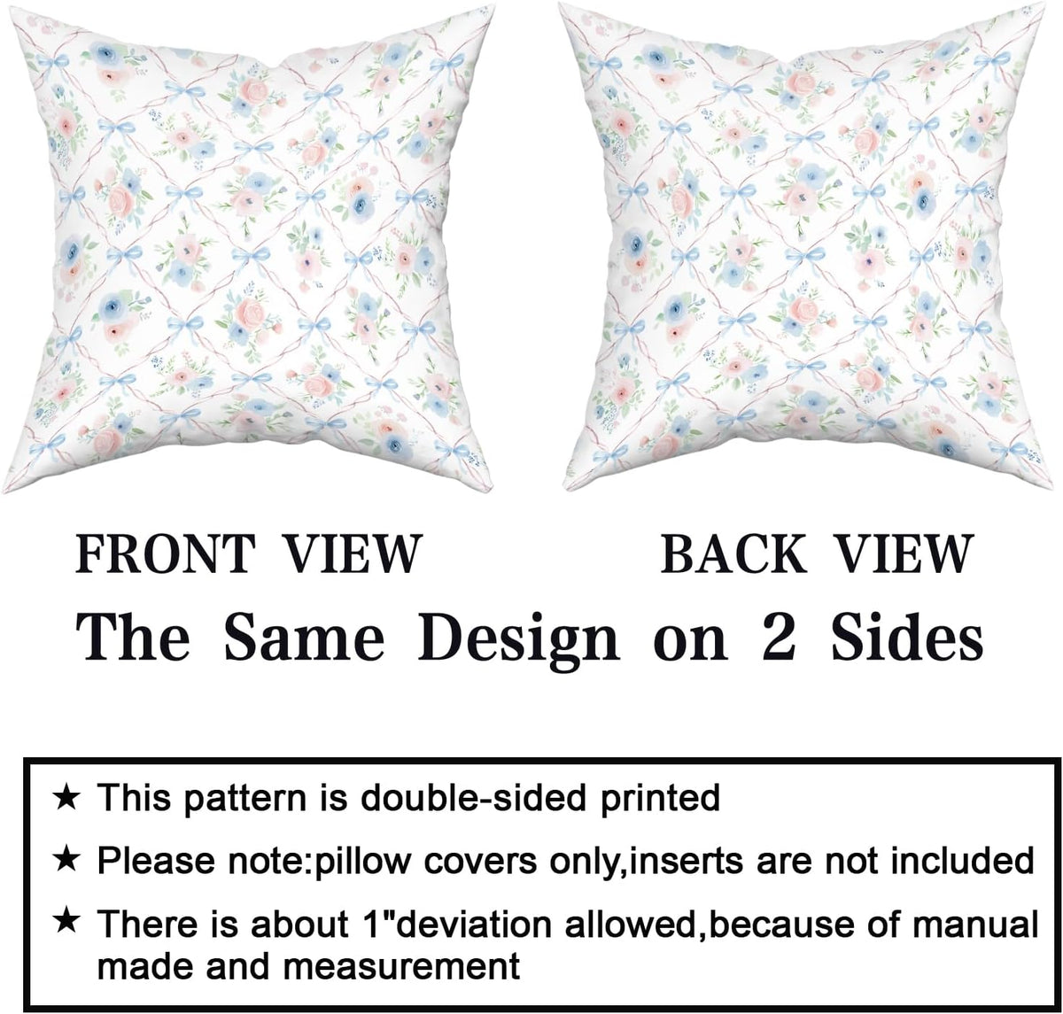 Pink and Blue Floral Throw Pillow Covers 18x18 Inch Set of 2 Coquette Bow Pillow Case, Preppy Room Girly Bedroom Bow Room Decor
